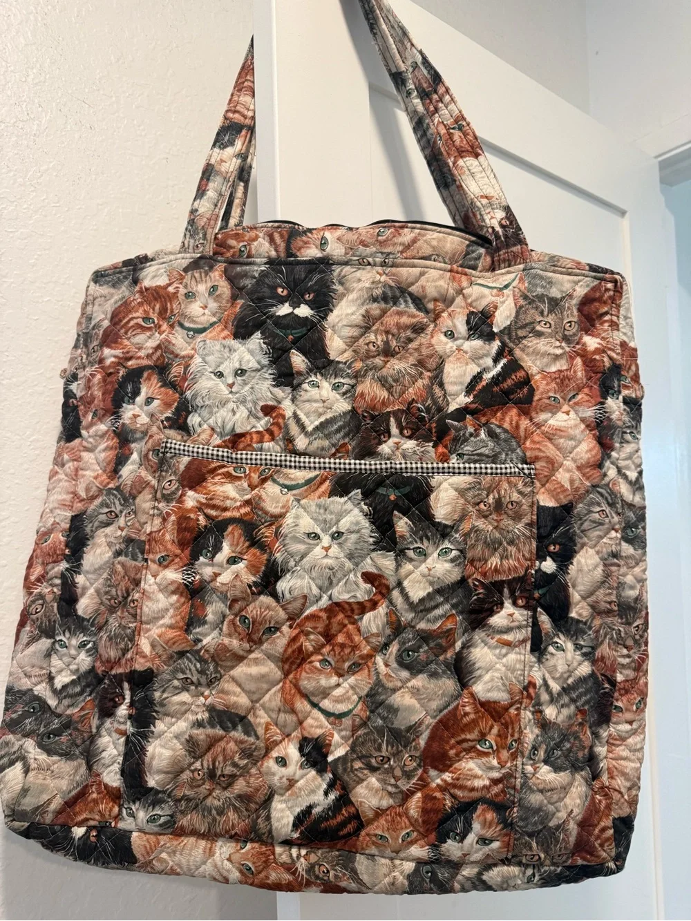 Vintage Quilted Cat Print Tote Bag - Multi-Colored